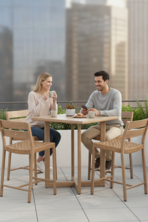 שולחן בר אלומיניום+ 4 כסאות דגם רומי במראה דמוי עץ